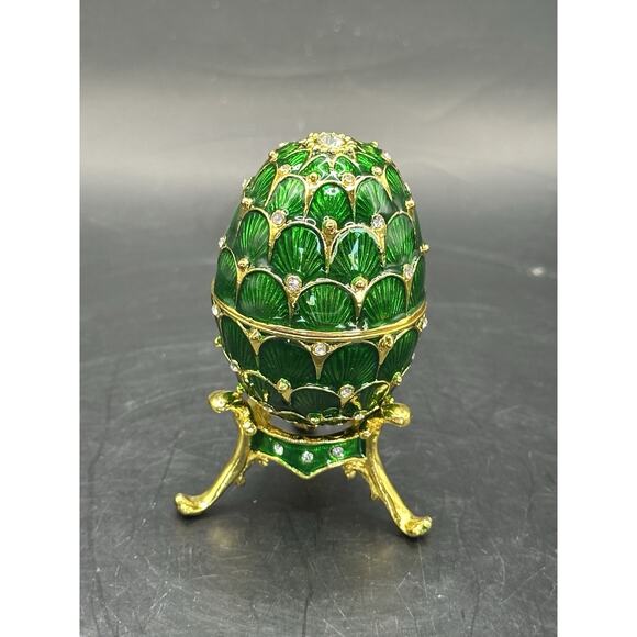 ZANZIBAR Jeweled Russian Style Green Enameled Egg With Stand Trinket Box 3 inch - Picture 2 of 9